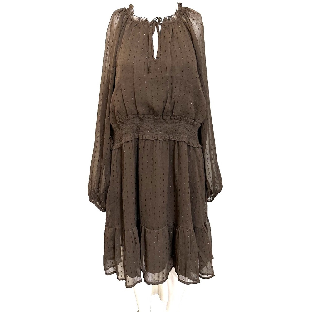 Old Navy XL Boho Cottagecore Brown Swiss Dot Dress Smocked Waist Sheer Flowy